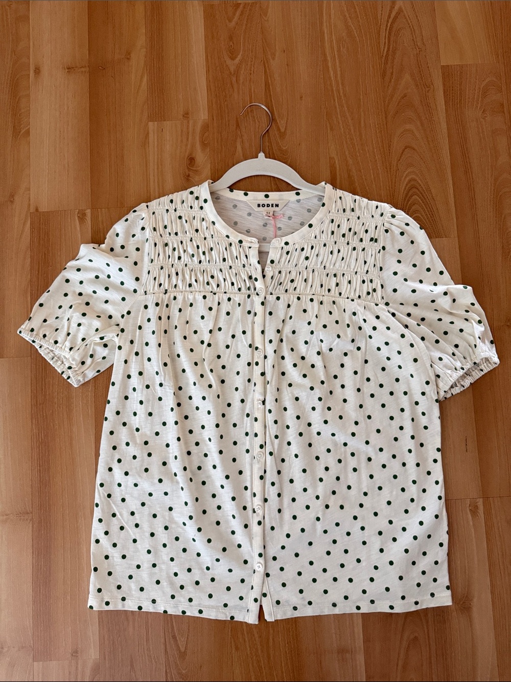 Boden White Short-Sleeve Button-Front Top with Green Polka Dots